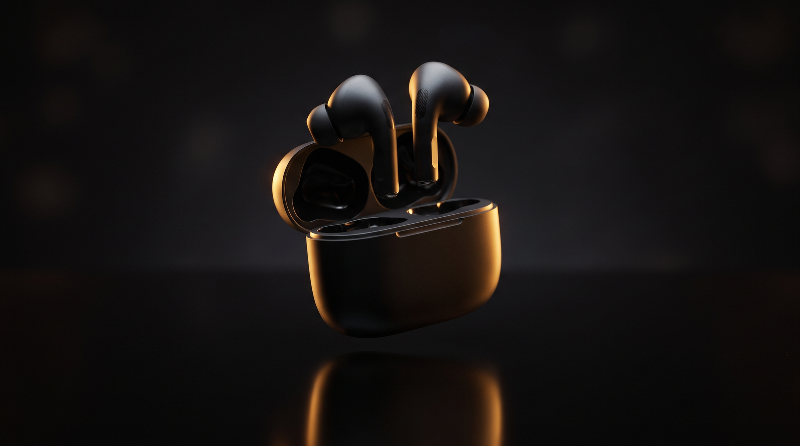 Cyrano earbuds with charging case in dramatic warm lighting