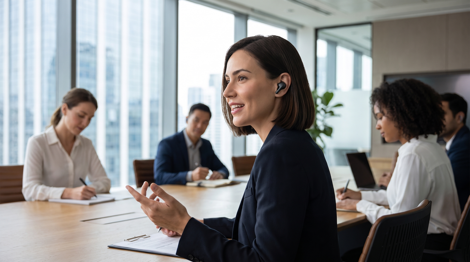 Woman wearing Cyrano earbuds in a meeting